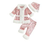 Toddler Baby Boys Girls Christmas Santa Costume Velvet Long Sleeve Jacket+Long Pants+Hat Xmas Cosplay Party Outfits (Pink, 5-6 Years)
