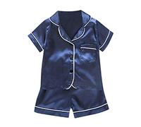 Toddler Baby Boys Girls Pyjamas Sets Short Sleeve Satin Nightwear 2 Piece PJ00s Button-Down Silk Sleepwear Soft Lightweight Loungewear Children Homewear for Kids Age 1-3 Years (Blue, 18-24 Months)