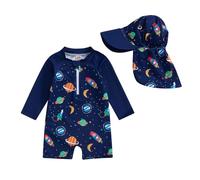 Toddler Baby Boys Swimsuit One Piece Long Sleeve Rash Guard Zipper Bathing Suit Swimwear with Hat Sun Protection Beachwear (Outer Space Blue, 6-12 Months)