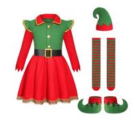 Toddler Baby Christmas Elf Costume Outfit Santa's Helper Child Dressing Up Red/Green Tunic Hat With Pom Red And Green Tights Outfits For Children Holiday Party (Red#B,8-10 Years)