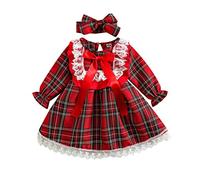 Toddler Baby Christmas Little Girls Plaid Dress Round Collar Long Sleeve Ruffle Front Lace Trim Princess Skirt + Headband (Red, 12-18 Months)