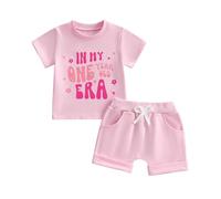 Toddler Baby Girl 1st Birthday Outfits Letter Floral Print Short Sleeve T-Shirts Sweatshirt Top Shirts with Elastic Waist Shorts Sets 2Pcs Birthday Clothes for Little Girls (Pink, 6-12 Months)