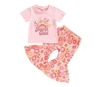 Toddler Baby Girl Bell Bottom Outfit Kids Girls Summer Outfits Rainbow Letter Print Short Sleeve T-Shirt and Elastic Floral Flare Pants Set Birthday Summer Clothes (Pink, 3-4 Years)