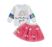 Toddler Baby Girl Birthday Outfits Long Sleeve Rainbow Letter Print Sweatshirt Pullover Top with Mesh Tulle Skirt A-Line Princess Dress Sets 2Pcs Birthday Clothes for Little Girl (Pink, 2-3 Years)