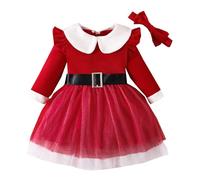 Toddler Baby Girl Christmas Dress Outfit Little Girl 's Long Sleeve Christmas Velvet Mesh Party Dress Santa Dress Christmas Headband Outfits Set Princess Mesh Dress A-line Christmas (Red-2, 4-5 Years)