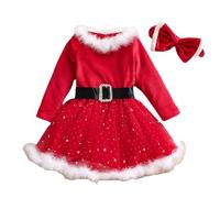 Toddler Baby Girl Christmas Dress Outfit Little Girl 's Long Sleeve Christmas Velvet Mesh Party Dress Santa Dress Christmas Headband Outfits Set Princess Mesh Dress A-line Christmas (Red-4, 3-4 Years)
