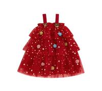 Toddler Baby Girl Christmas Dress Star Print Sequin Layered Tulle Tutu Dress Pompom Embroidery Cake Smash Gift Photo Shoot (A-Red, 2-3 Years)