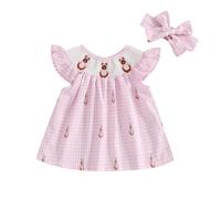 Toddler Baby Girl Easter Outfit Ruffle Sleeve Bunny Embroidery Smocked Dress Playwear Headband Set Baby Girl Easter Summer Clothes (Pink, 9-12 Months)