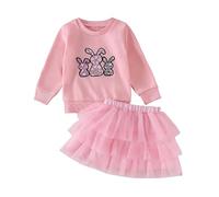 Toddler Baby Girl Easter Skirts Set Bunny Printed Sweatshirt Tutu Mesh Skirts Cute Little Girl Spring Outfits (Pink-Rabbit, 3-6 Months)