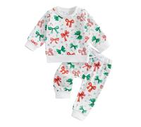 Toddler Baby Girl Fall Winter Outfit 0-4 Years Long Sleeve Bow Print Sweatshirt Pullover and Elastic Sweatpants With Pockets 2Pcs Tracksuit Set Clothes for Little Girls (White, 12-18 Months)