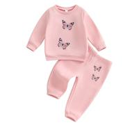 Toddler Baby Girl Fall Winter Outfit Long Sleeve Butterfly Print Sweatshirt Pullover Shirt Top and Elastic Waist Pants 2 Piece Tracksuit Set Warm Clothes for Little Girls (Pink, 9-12 Months)