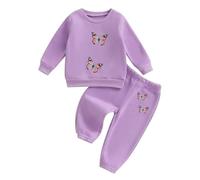 Toddler Baby Girl Fall Winter Outfit Long Sleeve Butterfly Print Sweatshirt Pullover Shirt Top and Elastic Waist Pants 2 Piece Tracksuit Set Warm Clothes for Little Girls (Purple, 9-12 Months)