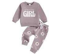 Toddler Baby Girl Fall Winter Outfits 0-3 Years Long Sleeve Letter Print Sweatshirt Pullover Top and Daisy Print Long Pants with Pocket Sets 2Pcs Baby Clothes for Little Girls (Purple, 0-6 Months)