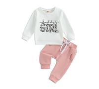 Toddler Baby Girl Fall Winter Outfits Long Sleeve Leopard Letter Print Sweatshirt Pullover Shirt with Elastic Sweatpants Tracksuit Sets 2Pcs Clothes for Little Girls (White Pink, 18-24 Months)