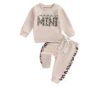Toddler Baby Girl Fall Winter Outfits Long Sleeve Leopard Letter Print Sweatshirt Pullover T shirt with Elastic Waist Sweatpants Tracksuit Sets 2Pcs Clothes for Little Girls (Khaki, 6-12 Months)
