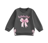 Toddler Baby Girl First Birthday Outfit Letter One Two Three Four Five Six Embroidery Sweatshirt Jumper Pullover Tops Cake Smash Clothes (Dark Grey Bow Birthday Girl, 3-4 Years)