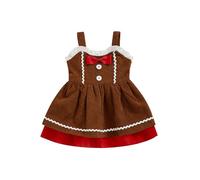 Toddler Baby Girl Gingerbread Man Dress Sleeveless Patchwork Ruffled Bow Button Decor A-Line Christmas Dress Christmas Outfit (A-Khaki, 6-12 Months)