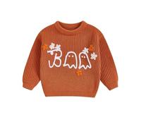 Toddler Baby Girl Halloween Sweater Long Sleeve Spider Ghost Letter Embroidery Knitted Pullovers Sweatshirt Tops Knit Jumpers Halloween Knitwear for Boys Clothes (Orange White, 9-12 Months)
