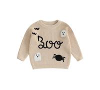 Toddler Baby Girl Halloween Sweater Long Sleeve Spider Ghost Letter Embroidery Knitted Pullovers Sweatshirt Tops Knit Jumpers Halloween Knitwear for Boys Clothes (Beige, 12-18 Months)