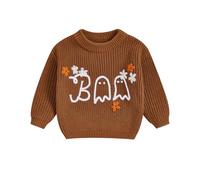 Toddler Baby Girl Halloween Sweater Long Sleeve Spider Ghost Letter Embroidery Knitted Pullovers Sweatshirt Tops Knit Jumpers Halloween Knitwear for Boys Clothes (Brown White, 9-12 Months)