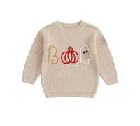 Toddler Baby Girl Halloween Sweater Long Sleeve Spider Ghost Letter Embroidery Knitted Pullovers Sweatshirt Tops Knit Jumpers Halloween Knitwear for Boys Clothes (Creamy White, 2-3 Years)