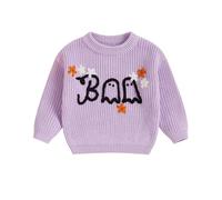 Toddler Baby Girl Halloween Sweater Long Sleeve Spider Ghost Letter Embroidery Knitted Pullovers Sweatshirt Tops Knit Jumpers Halloween Knitwear for Boys Clothes (Purple White, 3-6 Months)
