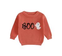 Toddler Baby Girl Halloween Sweater Long Sleeve Spider Ghost Letter Embroidery Knitted Pullovers Sweatshirt Tops Knit Jumpers Halloween Knitwear for Boys Clothes (Deep Orange, 3-4 Years)