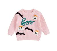 Toddler Baby Girl Halloween Sweater Long Sleeve Spider Ghost Letter Embroidery Knitted Pullovers Sweatshirt Tops Knit Jumpers Halloween Knitwear for Boys Clothes (Pink, 6-12 Months)