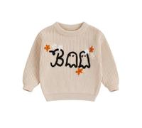 Toddler Baby Girl Halloween Sweater Long Sleeve Spider Ghost Letter Embroidery Knitted Pullovers Sweatshirt Tops Knit Jumpers Halloween Knitwear for Boys Clothes (Khaki, 9-12 Months)