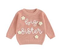 Toddler Baby Girl Matching Sister Sweater Long Sleeve 3D Flower Big Sis Embroidery Jumper Knit Sweatshirt Warm Knitted Pullover Tops Knitwear Girls Sister Outfit (Orange Big Sis, 2-3 Years)