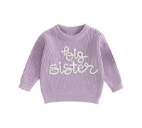 Toddler Baby Girl Matching Sister Sweater Long Sleeve Big Sis Letter Embroidery Jumper Knit Sweatshirt Warm Knitted Pullover Tops Knitwear Girls Sister Outfit (Purple Big Sis, 12-18 Months)