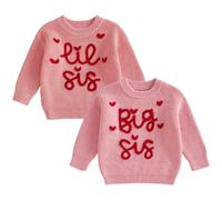 Toddler Baby Girl Matching Sister Sweaters Long Sleeve Heart Lil Sis/Big Sis Letter Embroidery Jumper Knit Sweatshirt Knitted Pullover Tops Knitwear Girls Sister Outfit (Pink Big Sis, 18-24 Months)