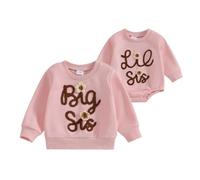 Toddler Baby Girl Matching Sister Sweatshirt/Romper Long Sleeve Lil Sis/Big Sis Embroidery Pullovers/Bodysuit Sister Top/Jumpsuit Casual Daily Fall Winter Outfit (Pink Big Sis, 12-18 Months)