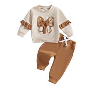 Toddler Baby Girl Outfits 3D Bow Love Mom Print Sweatshirt Solid Color Joggers Trouser Fall Winter Cute Clothes Set (Khaki, 2-3 Years)