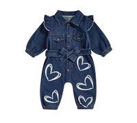 Toddler Baby Girl Romper Denim Clothing Heart Print Long Sleeve Ruffle Button Jumpsuit With Bow Belt Infant Overalls Girls Fall Winter Clothes (Blue, 12-18 Months)