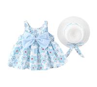 Toddler Baby Girl Sleeveless Bow Dress 1st Birthday Outfit Summer Cute Sweet Floral Sun Dresses+Hat Set Elegant Boho Hawaii Beach Ruffle Dress Wedding Easter Carnival Party (02-Sky Blue, 6-12 Months)
