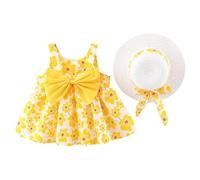 Toddler Baby Girl Sleeveless Bow Dress 1st Birthday Outfit Summer Cute Sweet Floral Sun Dresses+Hat Set Elegant Boho Hawaii Beach Ruffle Dress Wedding Easter Carnival Party (02-Yellow, 18-24 Months)
