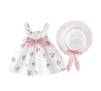 Toddler Baby Girl Sleeveless Bow Dress 1st Birthday Outfit Summer Cute Sweet Floral Sun Dresses+Hat Set Elegant Boho Hawaii Beach Ruffle Dress Wedding Easter Carnival Party Clothing Set (6-12 Months)