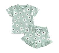 Toddler Baby Girl Spring Summer Waffle Outfits Short Sleeve Floral Print T-Shirt Sweatshirt Top Shirts with Elastic Waist Ruffled Shorts Sets 2Pcs Clothes for Little Girls (Green, 6-12 Months)