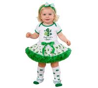 Toddler Baby Girl St. Patricks Day Outfit 4Pcs Set My First St Patricks Day Short Sleeve Lucky Embroidered Sweatshirt Tulle Tutu Skirt Set with Bow Headband and Ruffle Leggings for Festival Party