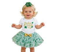 Toddler Baby Girl St. Patricks Day Outfit 4Pcs Set My First St Patricks Day Short Sleeve Lucky Embroidered Sweatshirt Tulle Tutu Skirt Set with Bow Headband and Ruffle Leggings for Festival Party