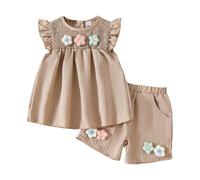 Toddler Baby Girl Summer Clothes Flower Ruffle Sleeveless Smocked Tunic Top Shorts Set Cotton Linen Outfit Infant Girl Outfit Coffee