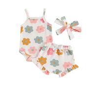 Toddler Baby Girl Summer Outfit Fly Sleeve Crew Neck Bow Print Romper Bodysuit with Elastic Waist Ruffle Shorts and Tie-up Headband 3Pcs Set Clothes for Little Girl (Multicolor, 12-18 Months)