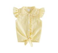 Toddler Baby Girl Summer Sleeveless Shirts Plaid Print Doll Collar Ruffle Button Down Flying Sleeve Tops Little Girl Tie Knot Blouse (Yellow, 3-4 Years)