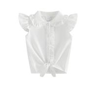 Toddler Baby Girl Summer Sleeveless Shirts Plaid Print Doll Collar Ruffle Button Down Flying Sleeve Tops Little Girl Tie Knot Blouse (White, 3-4 Years)