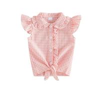 Toddler Baby Girl Summer Sleeveless Shirts Plaid Print Doll Collar Ruffle Button Down Flying Sleeve Tops Little Girl Tie Knot Blouse