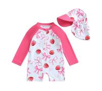 Toddler Baby Girl Swimsuit and Hat Zip Up Long Sleeve All in One Swimming Costume UV Sun Protection Swimwear One Piece Swimming Suit Rash Guard Sunsuit (Strawberry Bows Rose Red, 12_months-24_months)