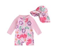 Toddler Baby Girl Swimsuit and Hat Zip Up Long Sleeve All in One Swimming Costume UV Sun Protection Swimwear One Piece Swimming Suit Rash Guard Sunsuit (Animal Scallop Seahorse Rose, 3-4 Years)