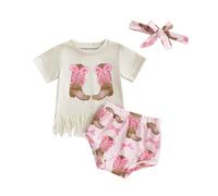 Toddler Baby Girl Western Cowgirl Outfits Short Sleeve Letter Print Tassel T Shirt and Short Headband Set 3 Pieces Summer Clothes (Pink Boot Bow Pattern, 0-6 Months)
