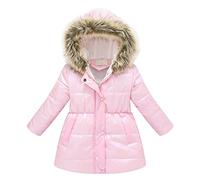 Toddler Baby Girl Winter Fur Hooded Coat Long Sleeve Thick Windproof Puffy Jacket Padded Snowsuit Infant Fashion Girls Fleece Inner Zipper Windbreaker Outerwear 2 to 11 Years